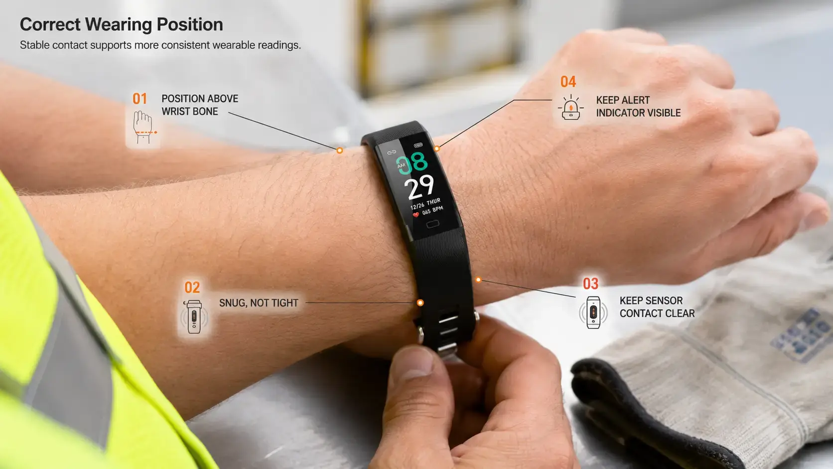 Worker correctly fitting a high temperature warning band above the wrist bone. Worker correctly fitting a high temperature warning band above the wrist bone.