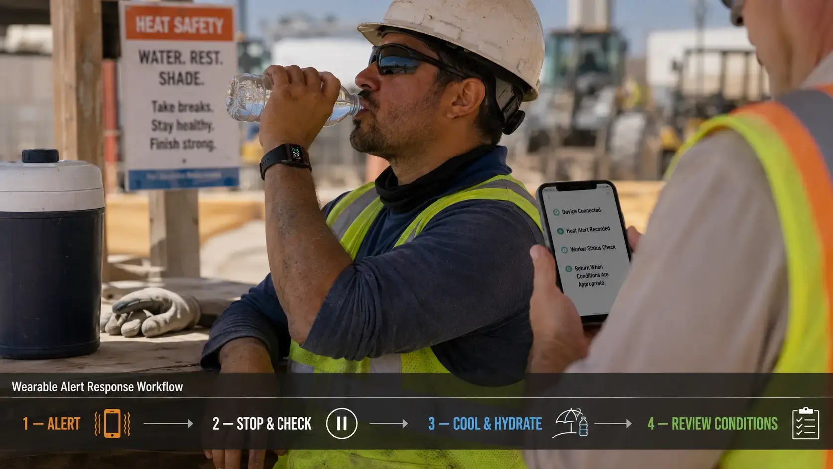 Worker following a heat alert response procedure after receiving a warning from a wrist band.
