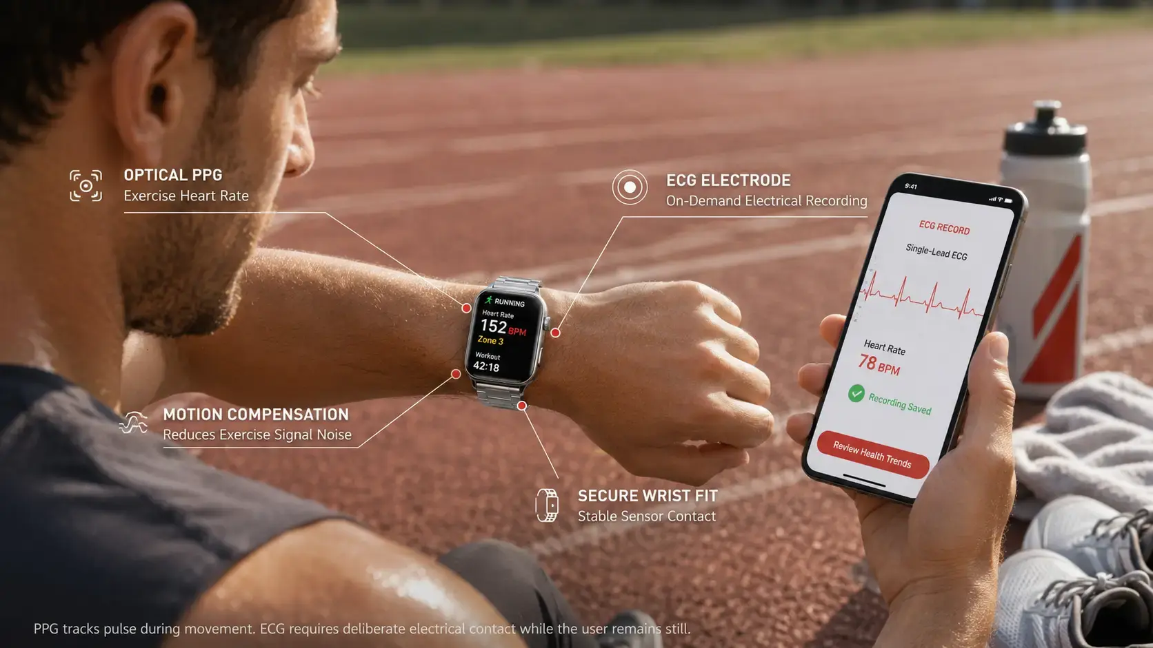 Runner reviewing heart-rate data and ECG features on a sport smartwatch.