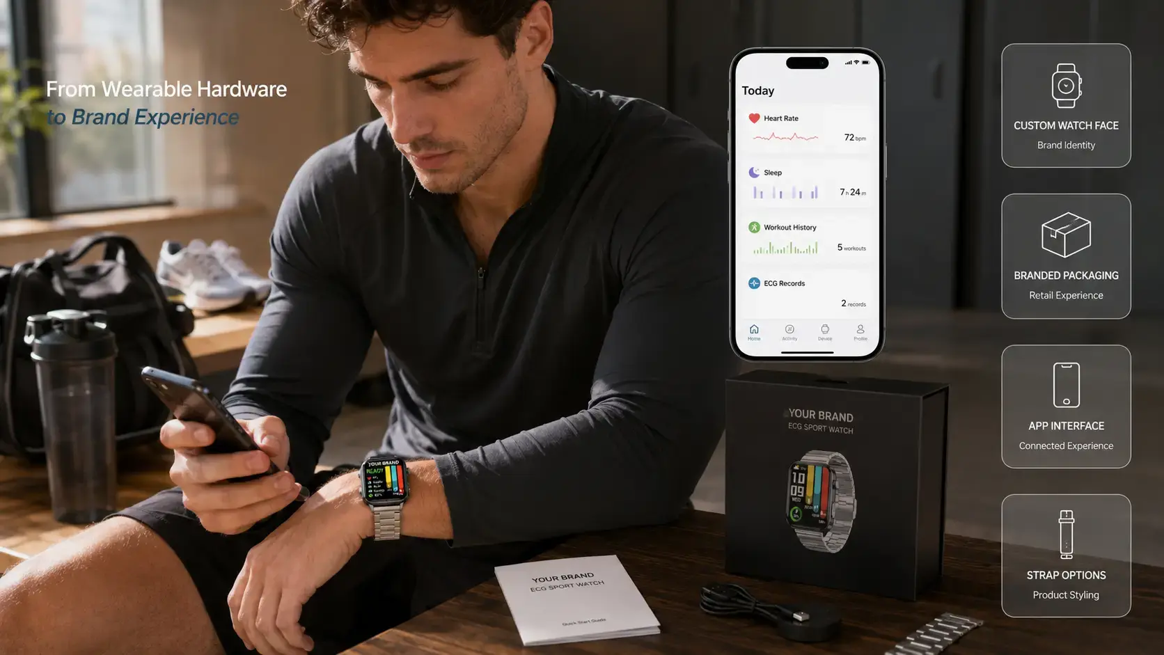 Fitness user experiencing a private-label ECG sport smartwatch and branded app ecosystem.