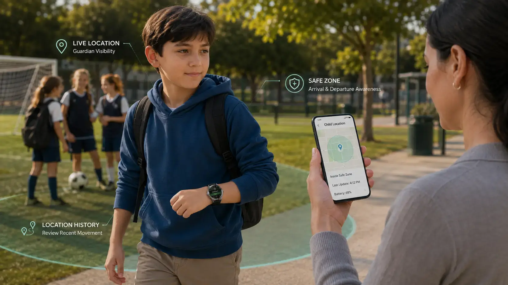 Parent viewing a child's smartwatch location and safe-zone status.
