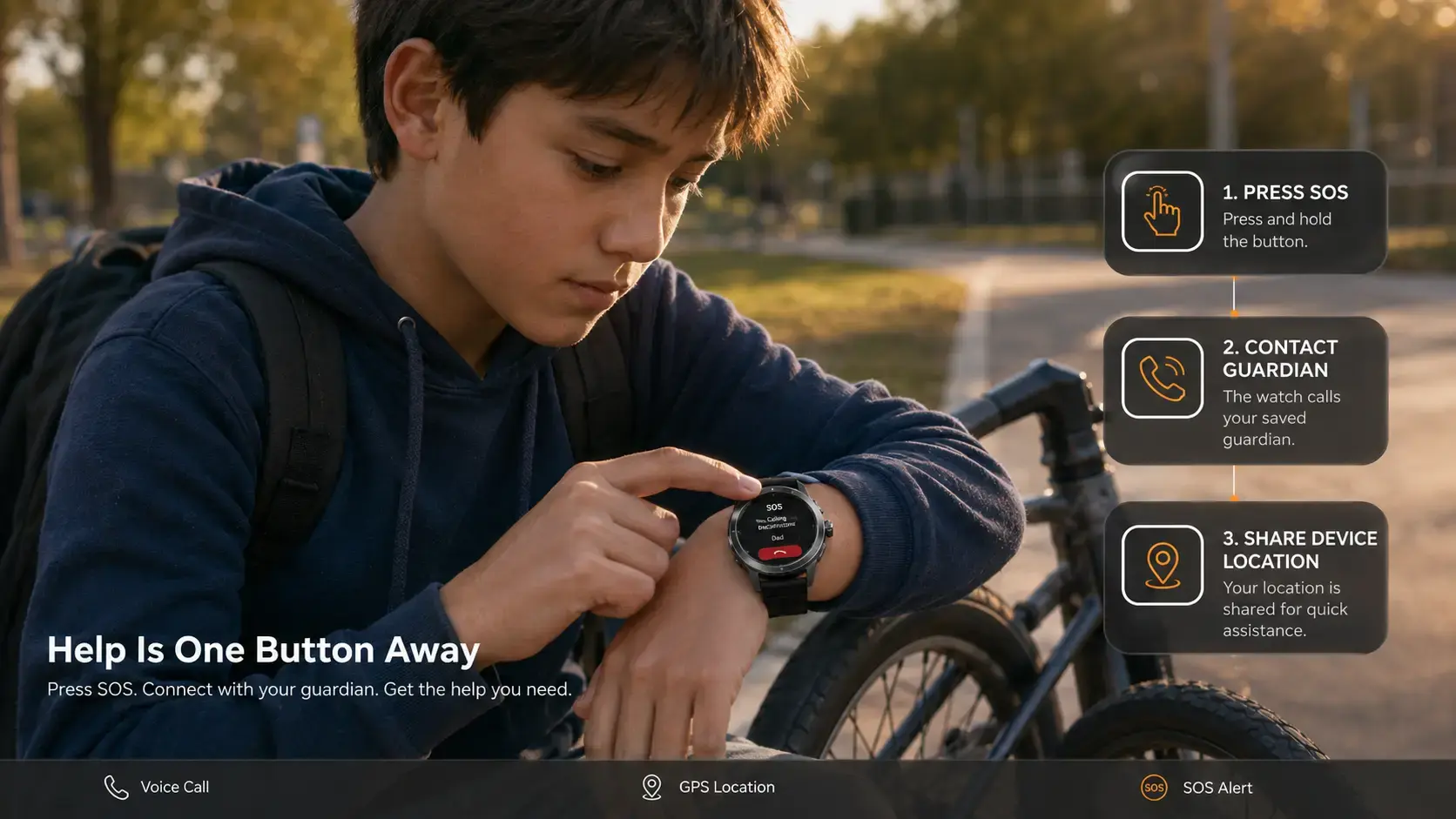 Child using the SOS button on a voice call smartwatch to contact a guardian. Child using the SOS button on a voice call smartwatch to contact a guardian.