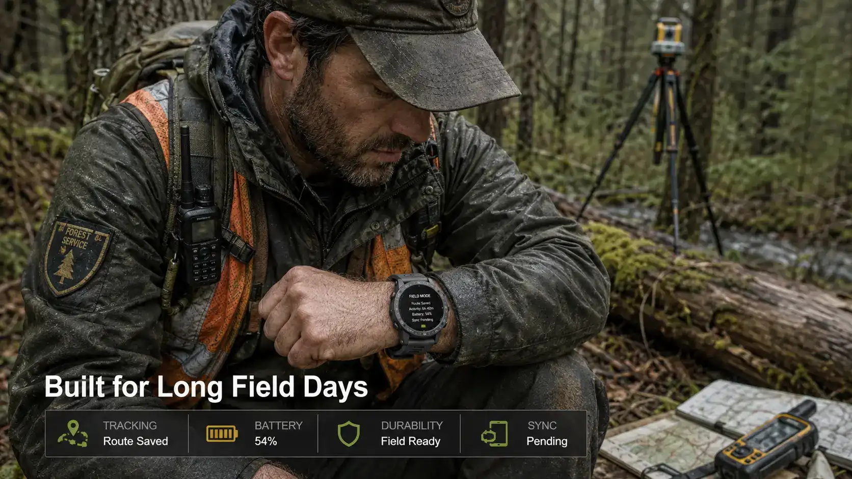 Hiker using GPS and compass information from a rugged smartwatch at a trail junction. Hiker using GPS and compass information from a rugged smartwatch at a trail junction.