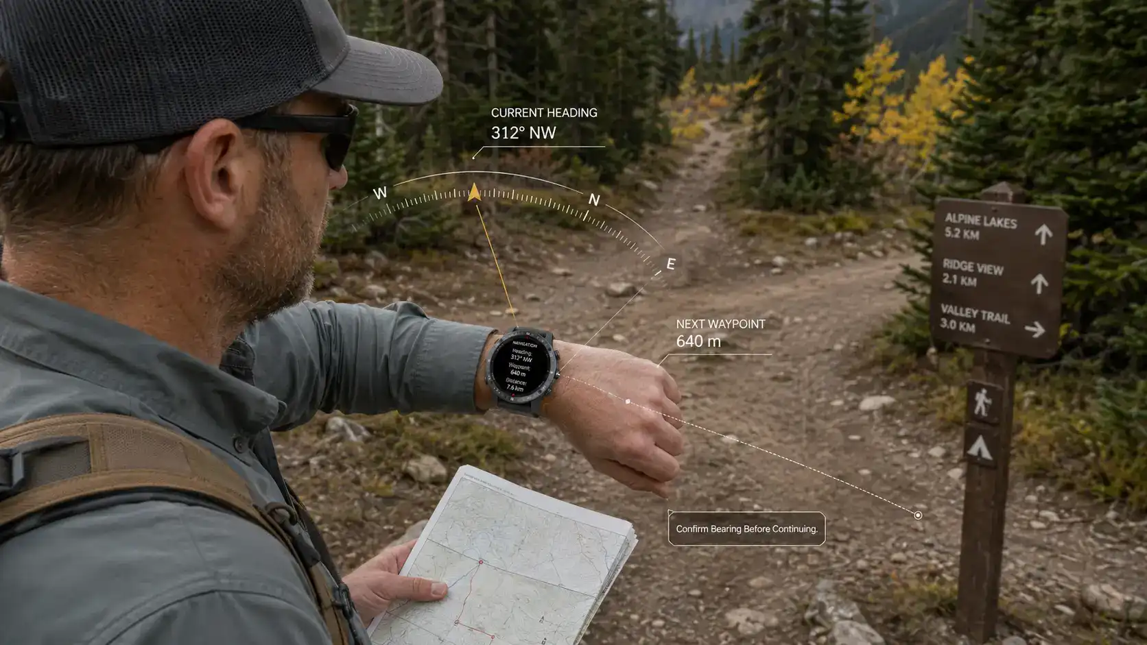Field worker checking route and battery status on a rugged GPS smartwatch outdoors. Field worker checking route and battery status on a rugged GPS smartwatch outdoors.