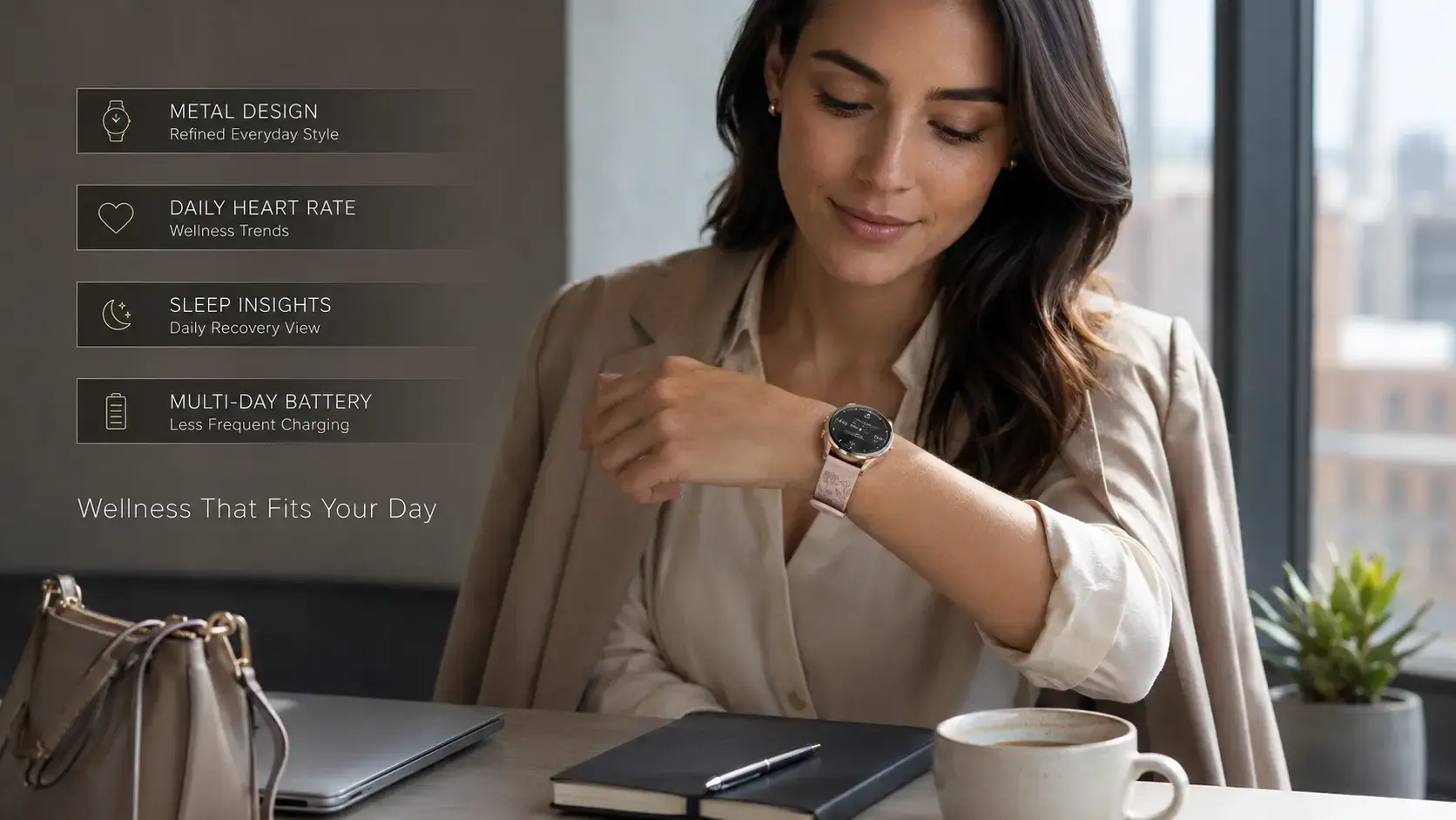 Woman reviewing sleep, heart rate and cycle wellness trends on a smartwatch.