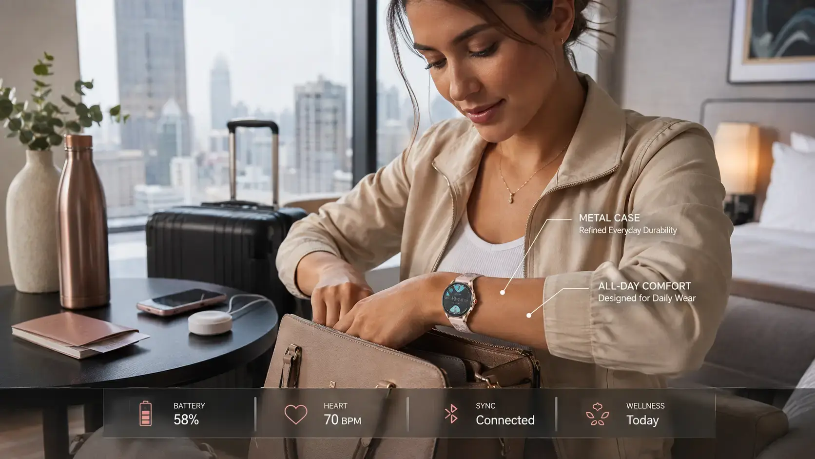 Woman wearing a metal health smartwatch during a multi-day travel routine. Woman wearing a metal health smartwatch during a multi-day travel routine.