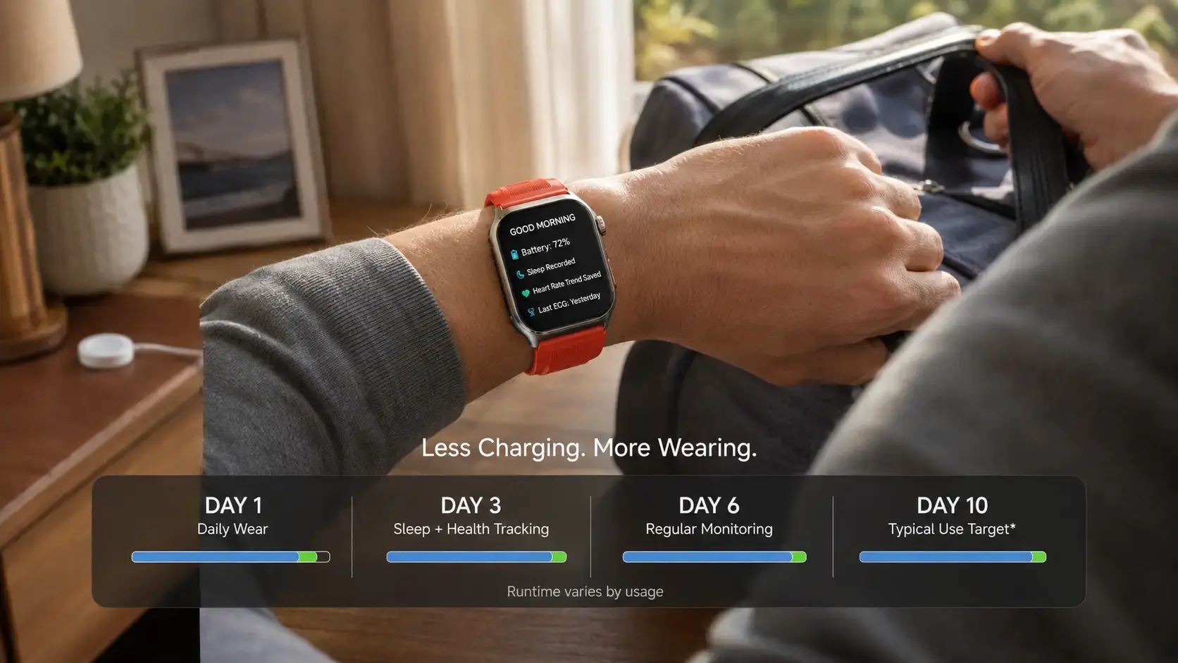 User checking smartwatch battery during a morning routine after overnight wear.