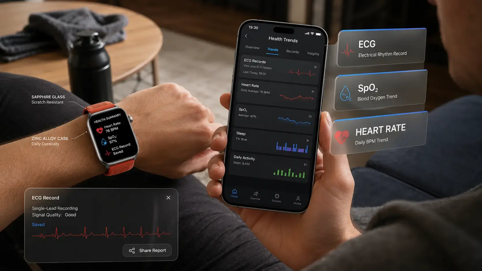 User reviewing ECG, SpO₂ and heart rate trends from a health smartwatch.