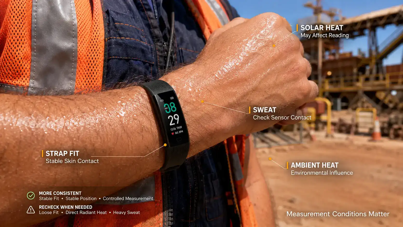 Factors affecting warning-band temperature readings during extreme heat.