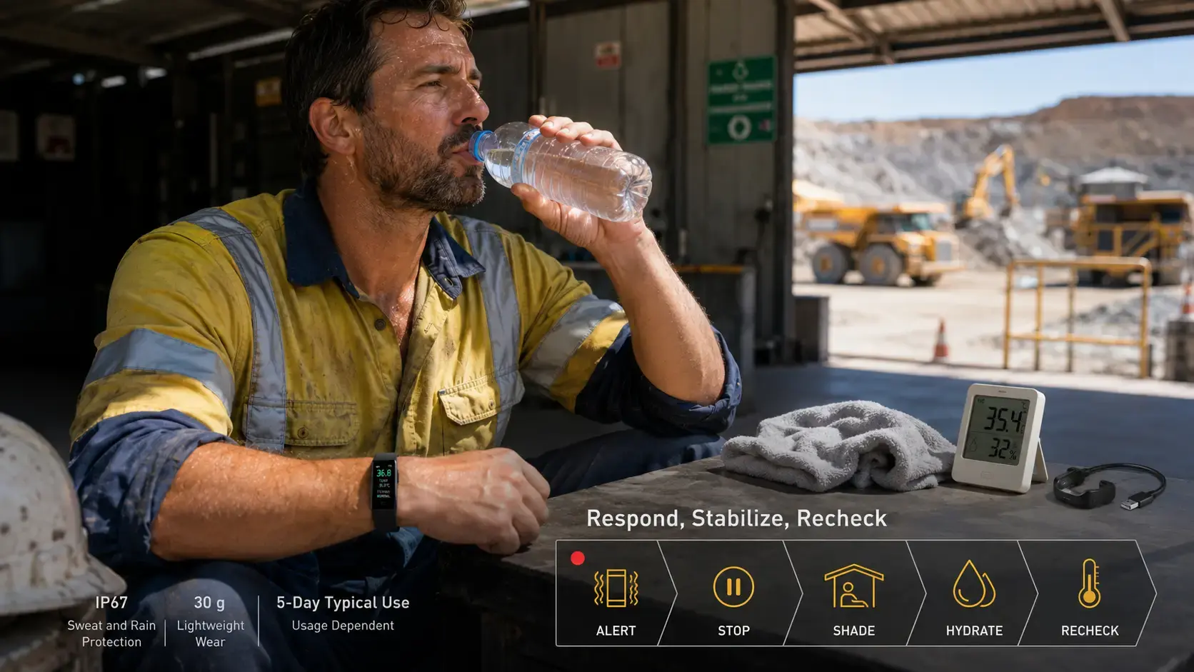 Worker responding to a temperature-band alert in a shaded cooling area.