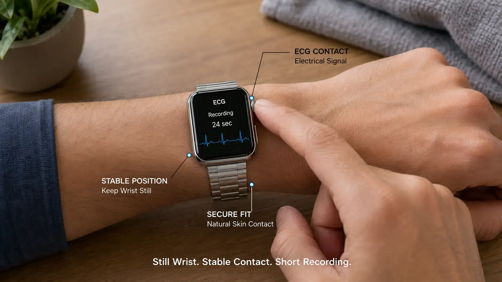 User touching ECG watch electrode while keeping the wrist still. User touching ECG watch electrode while keeping the wrist still.