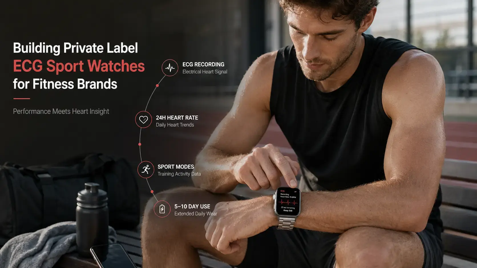 User reviewing ECG history on a phone while wearing a sport watch. User reviewing ECG history on a phone while wearing a sport watch.