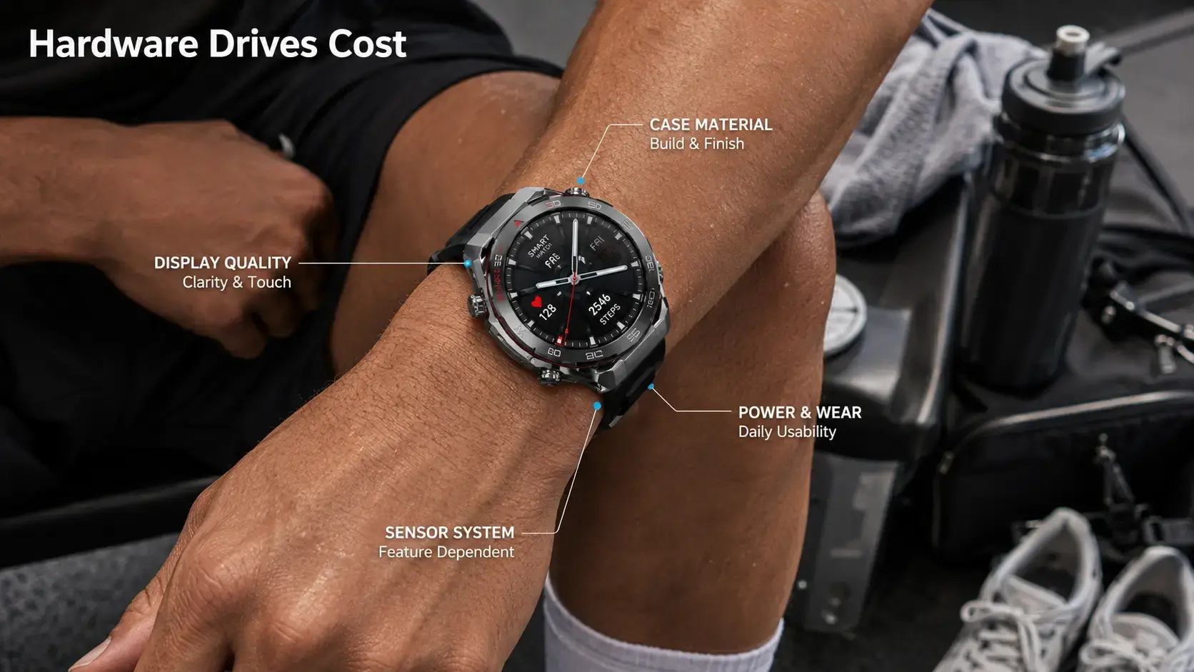 Smartwatch software, customization and order scale influencing total product cost.