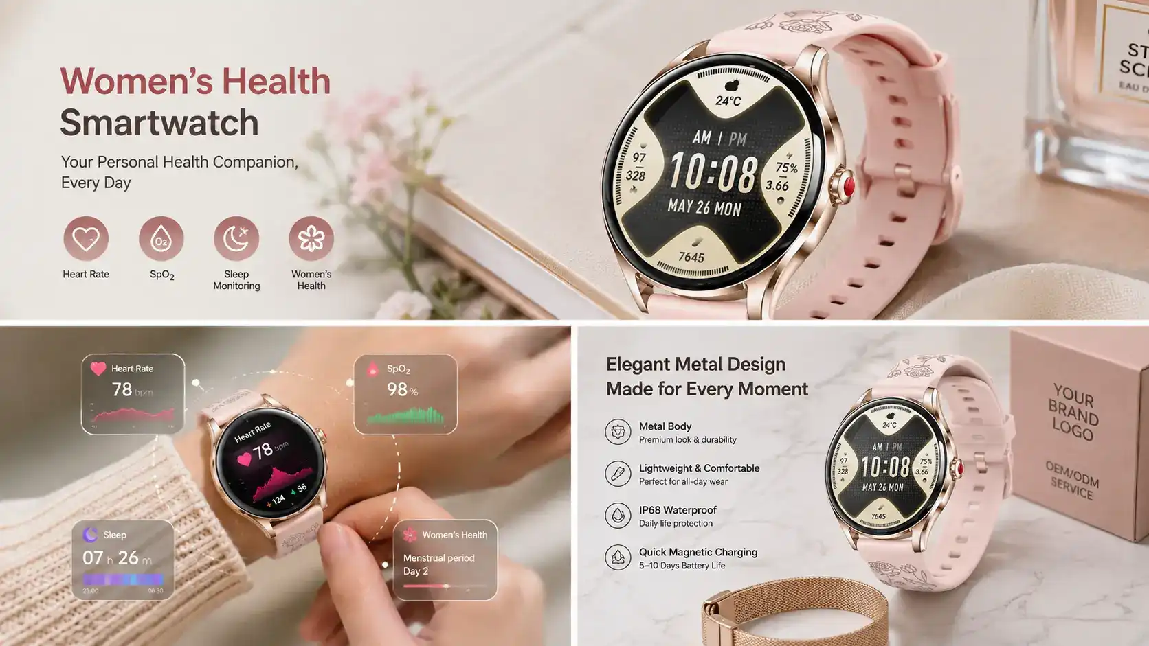 Woman wearing a refined metal-look health smartwatch after a fitness session. Woman wearing a refined metal-look health smartwatch after a fitness session.