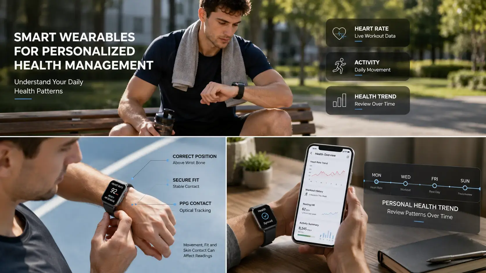 Athlete adjusting smartwatch fit for optical heart rate tracking.