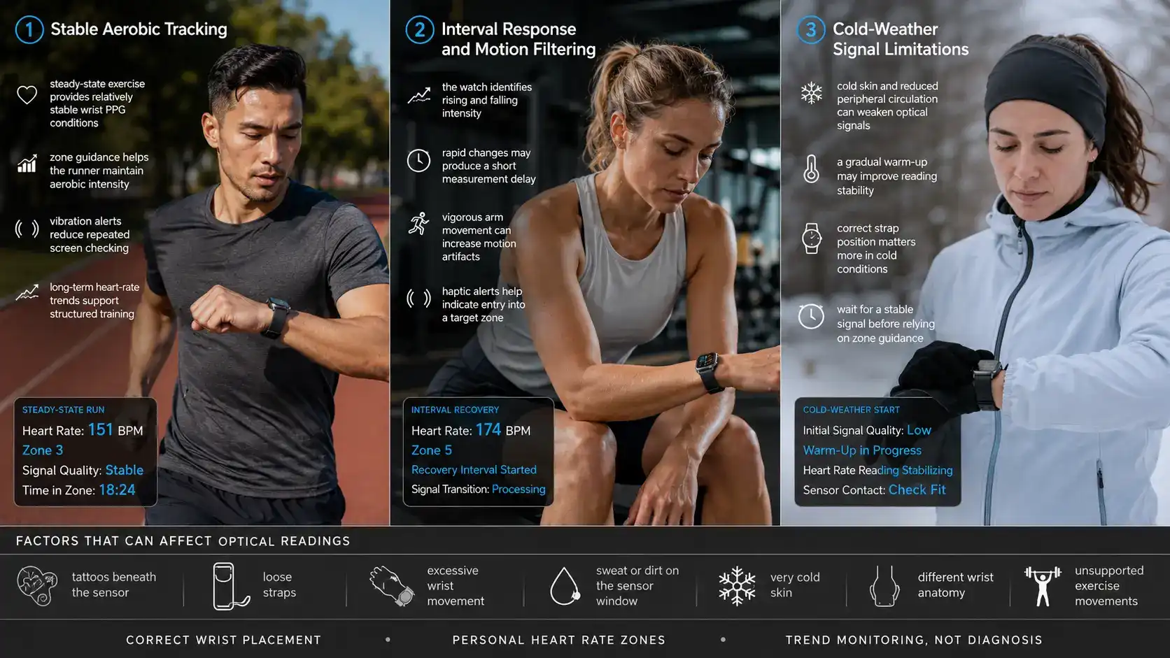 Heart rate smartwatch used in different workouts. Heart rate smartwatch used in different workouts.