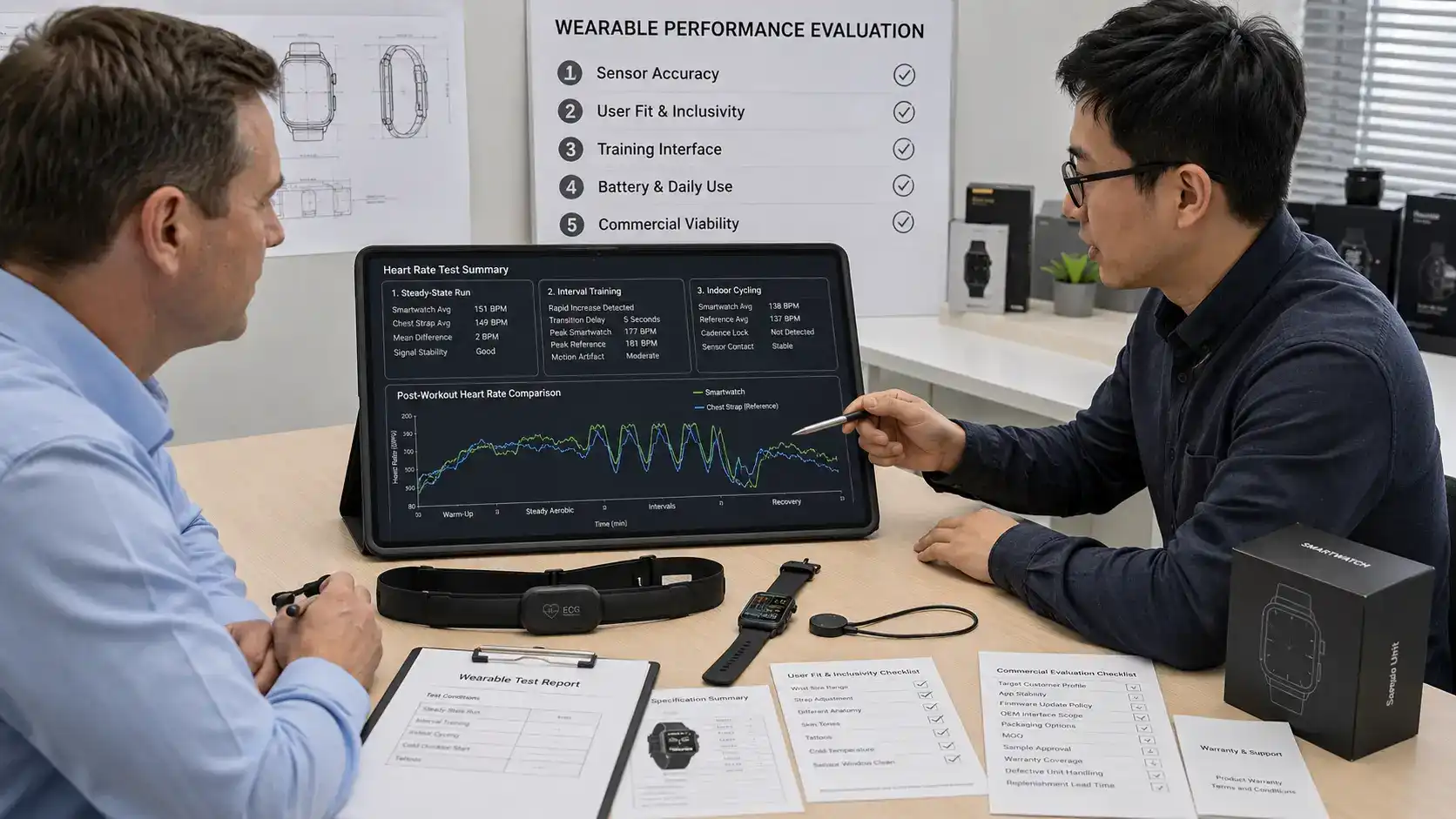 Buyer testing smartwatch heart rate accuracy. Buyer testing smartwatch heart rate accuracy.