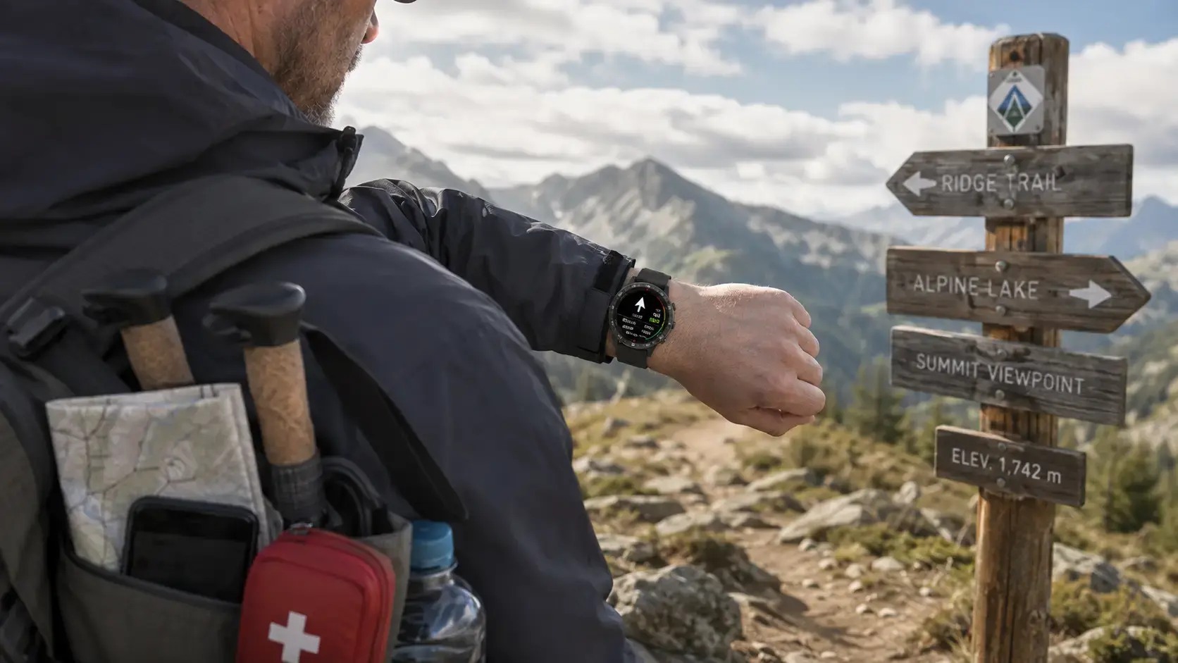 Hiker using a rugged GPS compass smartwatch. Hiker using a rugged GPS compass smartwatch.