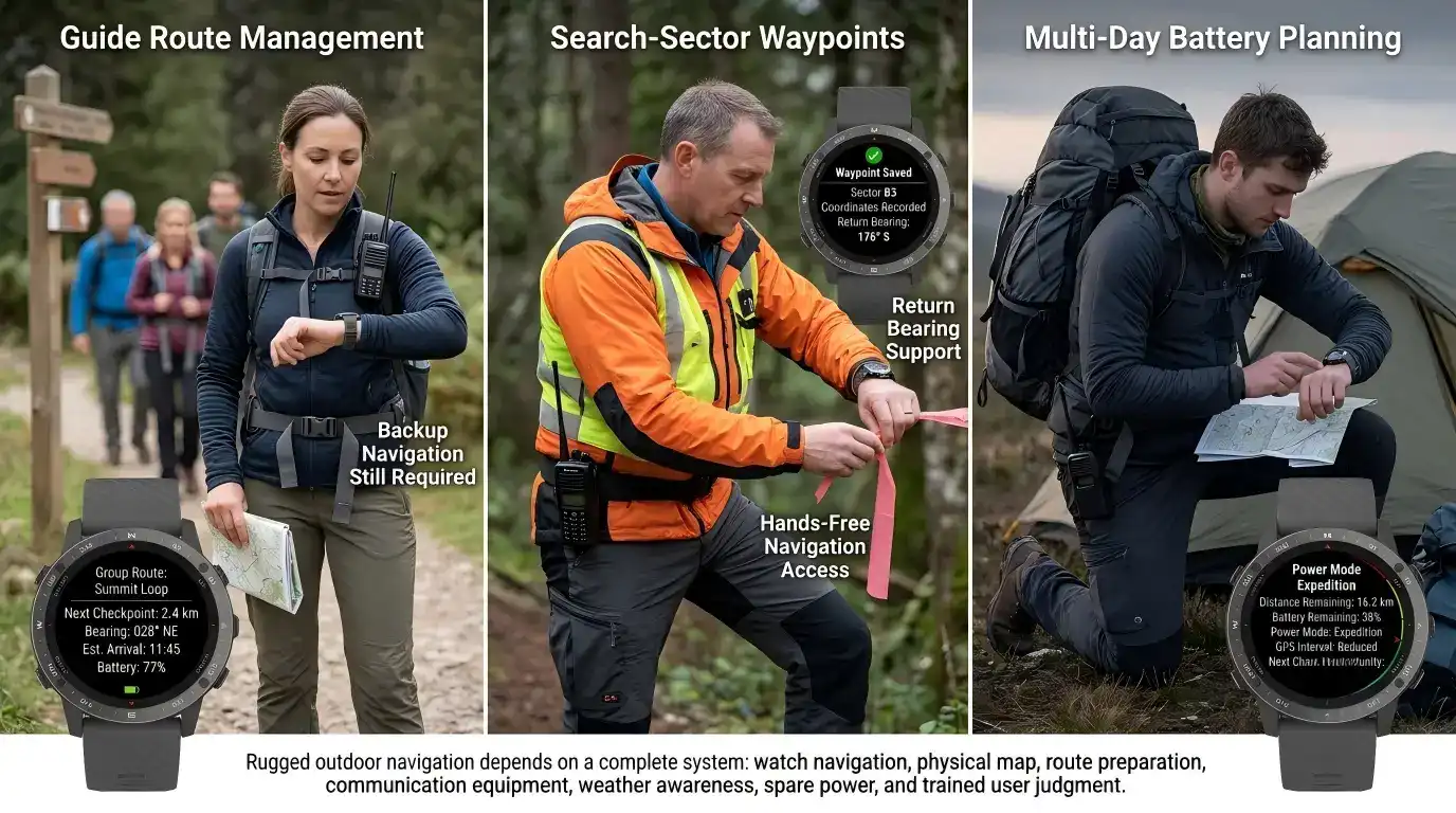 Rugged smartwatch supporting outdoor navigation teams.