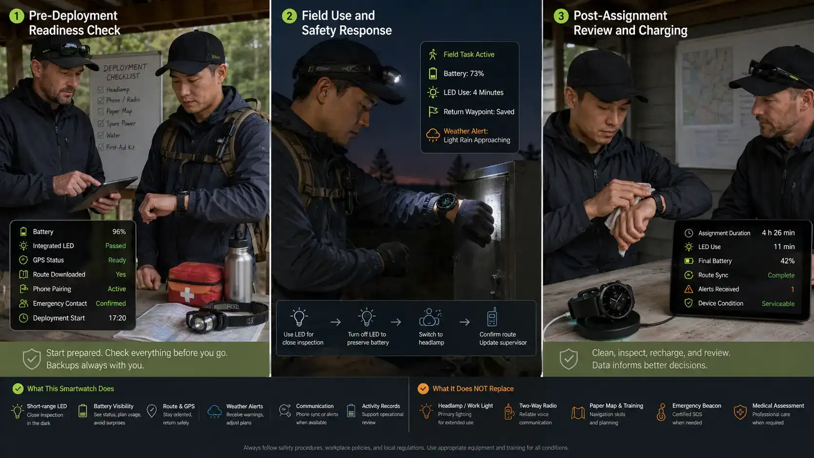 Outdoor smartwatch supporting safety in low light. Outdoor smartwatch supporting safety in low light.