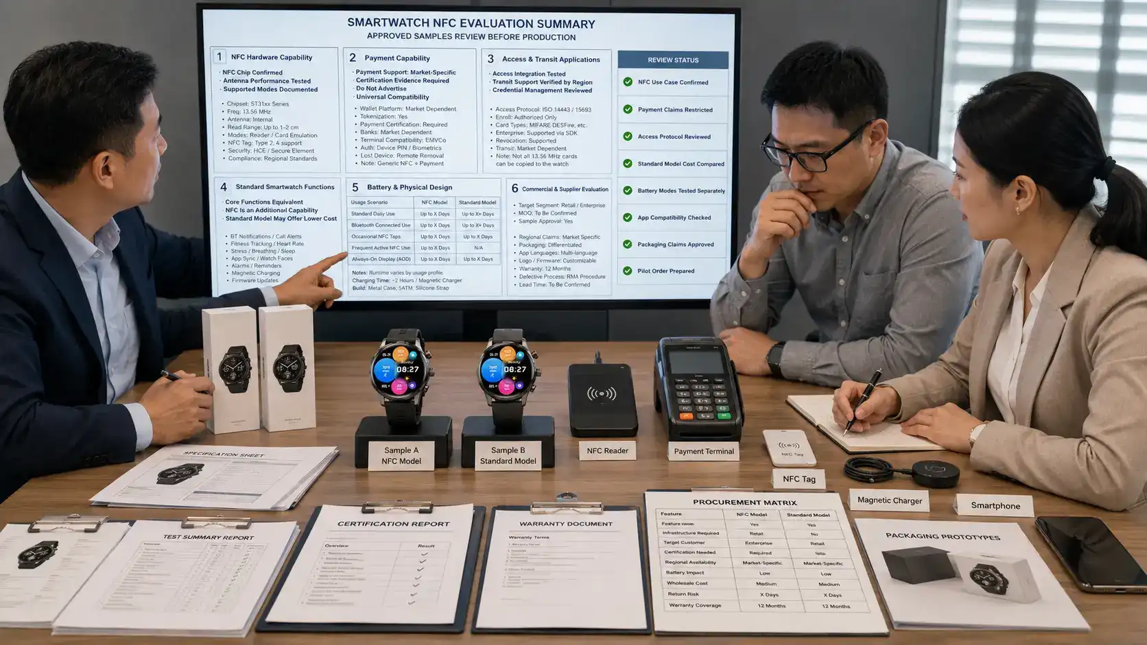 Buyer comparing NFC and standard smartwatches.