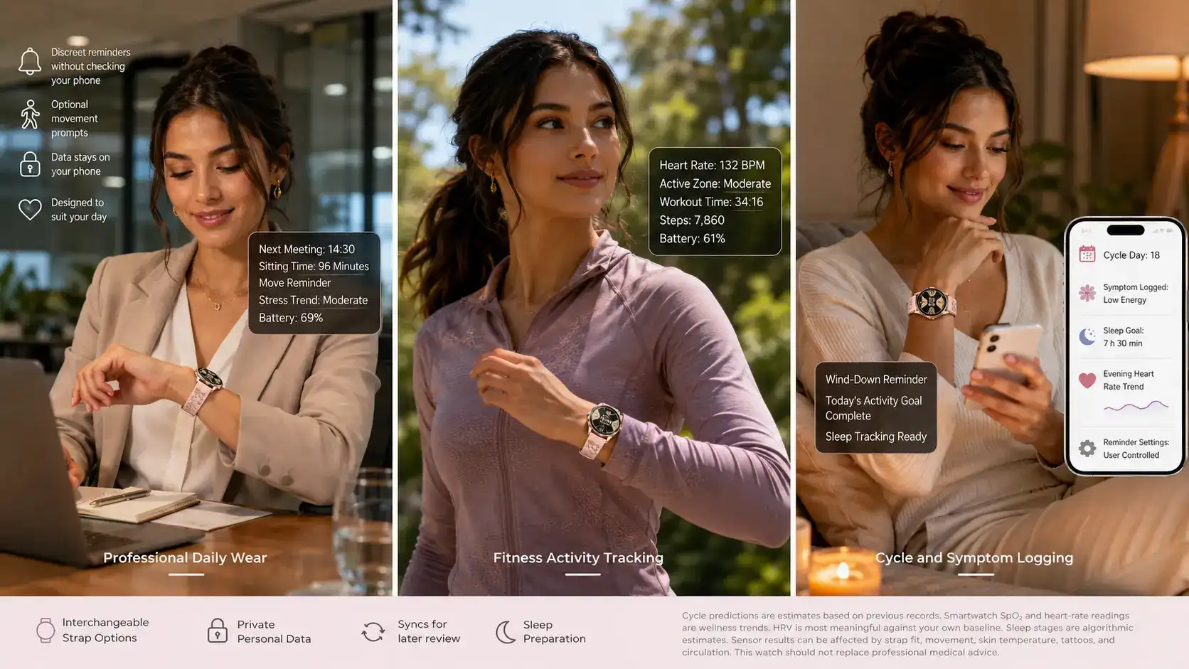 Women’s smartwatch used for work, fitness and wellness. Women’s smartwatch used for work, fitness and wellness.
