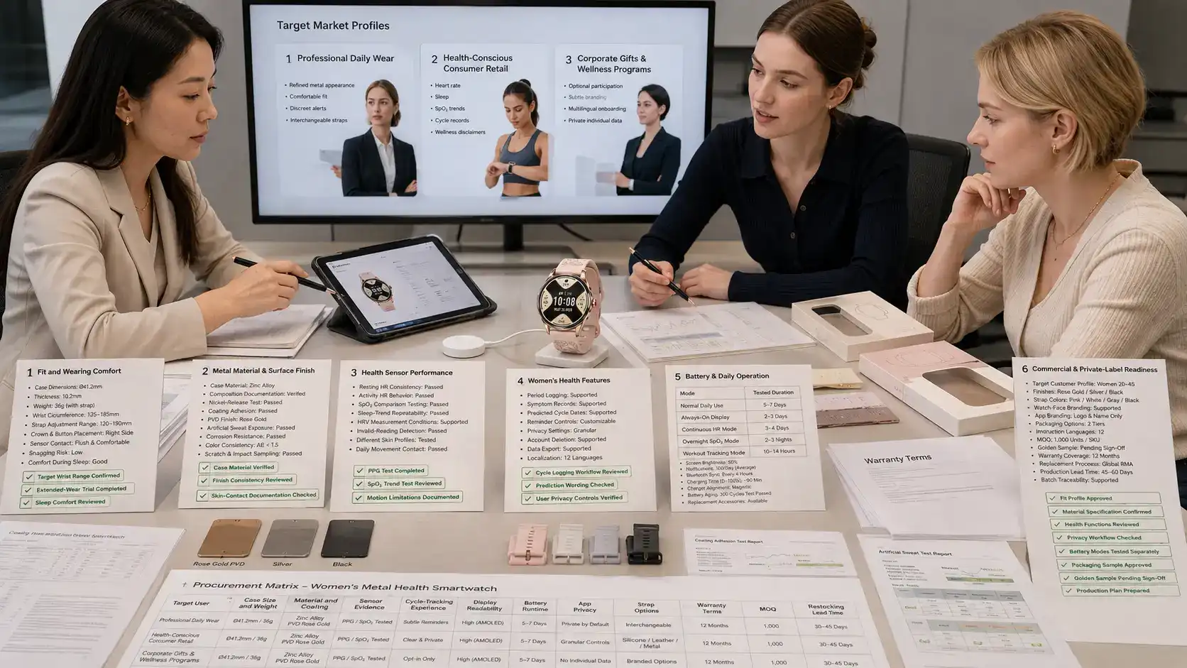 Buyer reviewing a women’s metal health smartwatch.