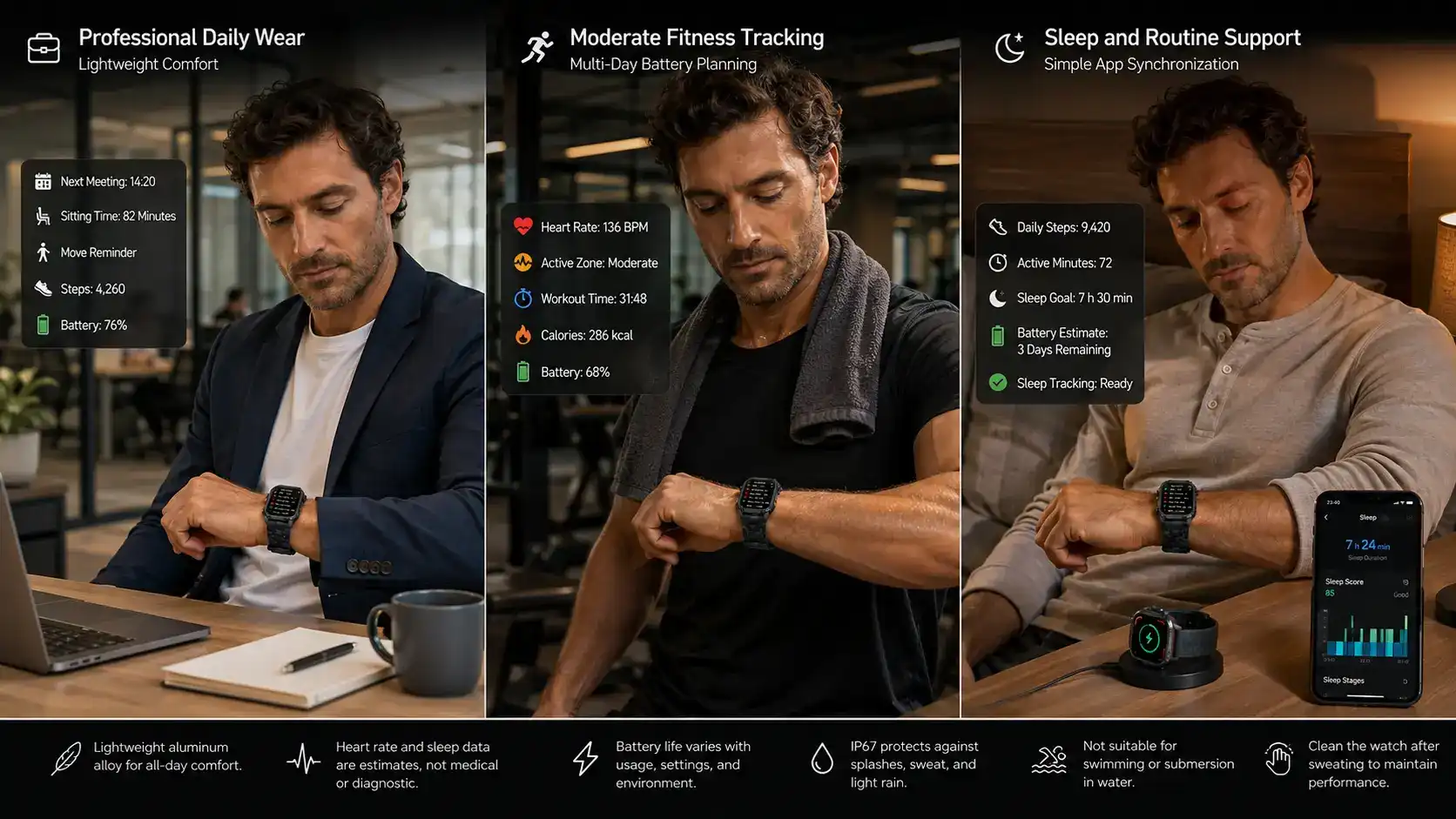 Aluminum smartwatch used throughout the day.
