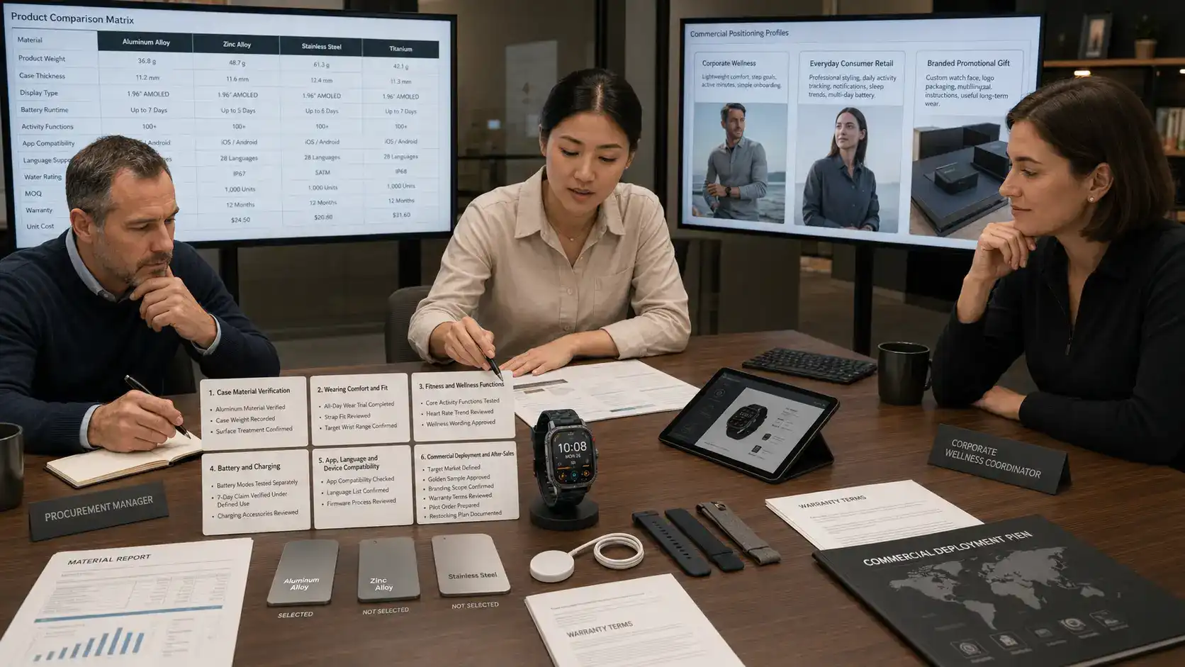 Buyer reviewing an aluminum smartwatch for deployment.