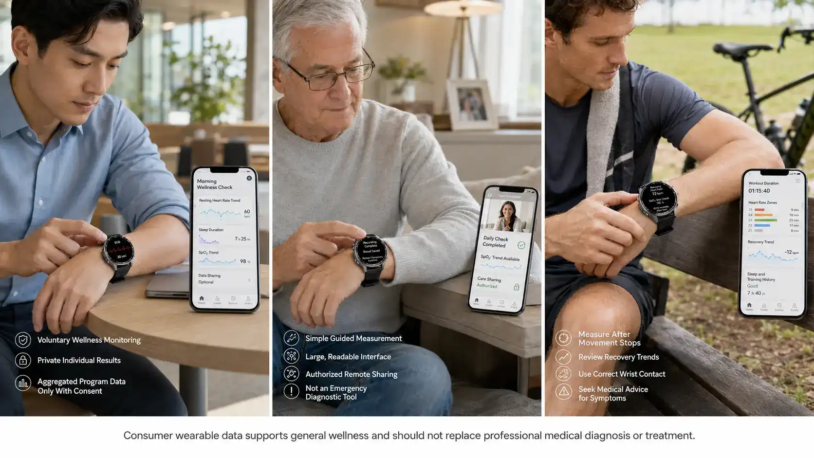 ECG SpO₂ smartwatch used in daily health scenarios.