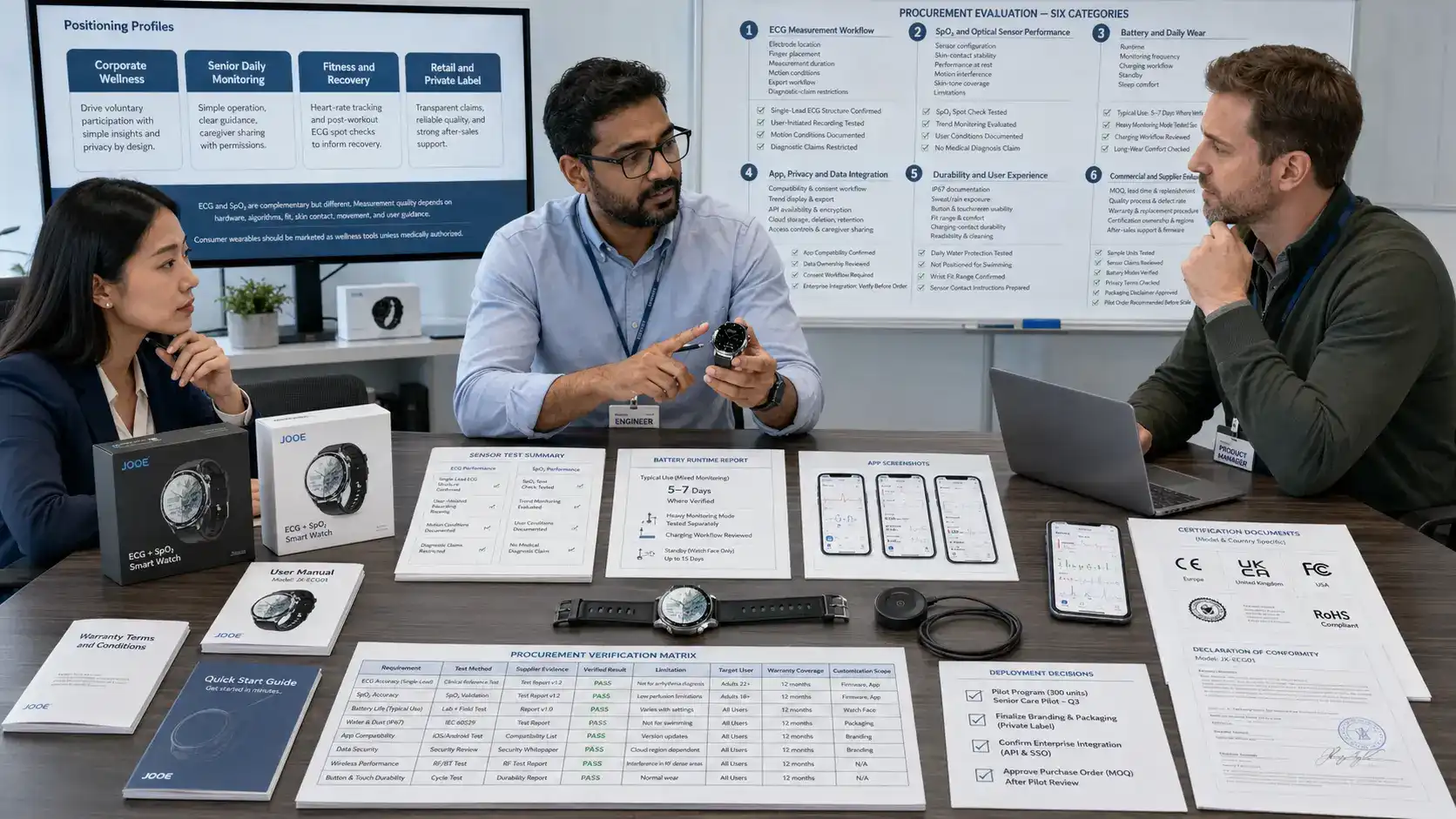 B2B team evaluating an ECG SpO₂ smartwatch.