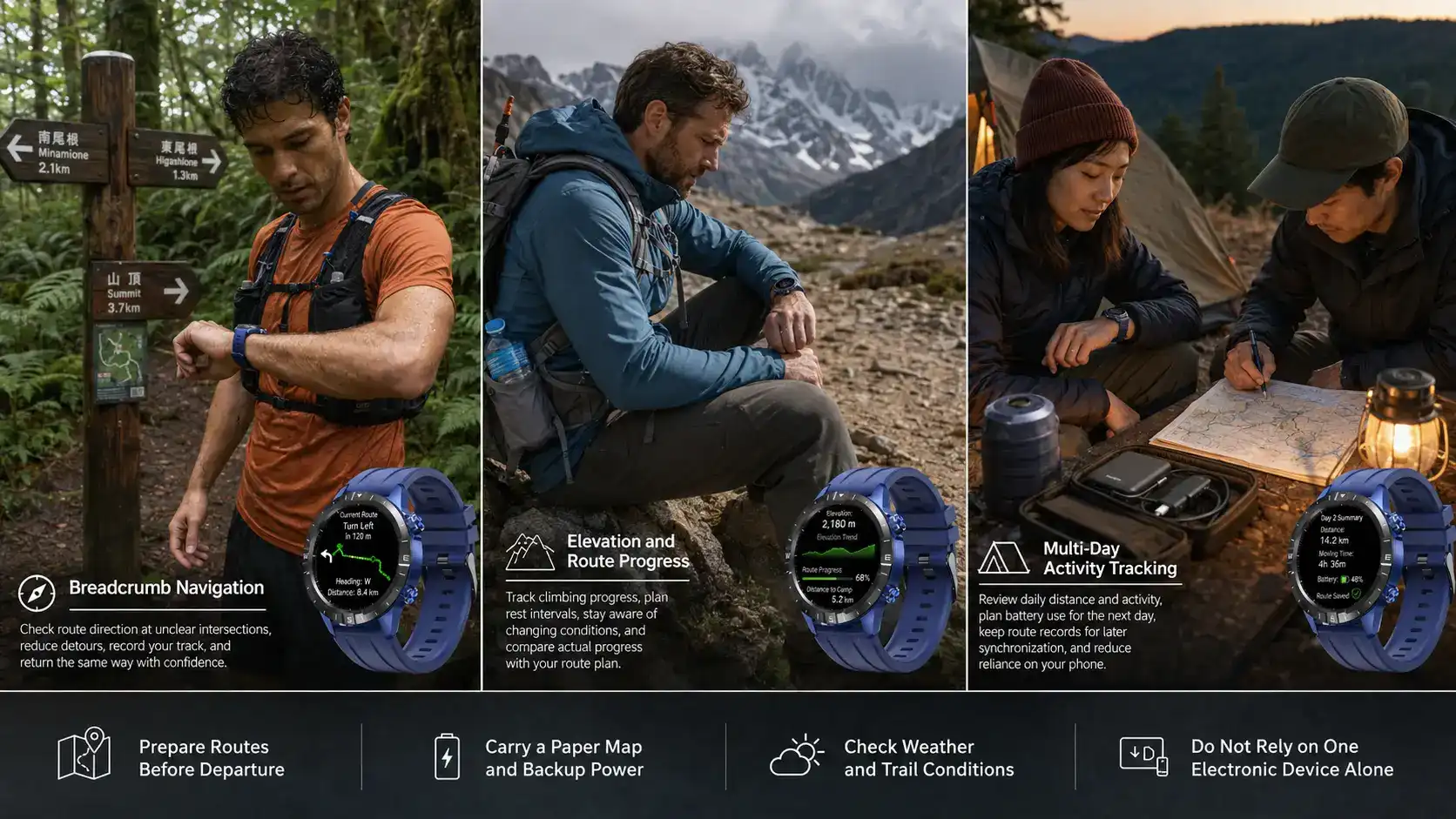 GPS outdoor smartwatch used on forest trails, mountain climbs and camping trips. GPS outdoor smartwatch used on forest trails, mountain climbs and camping trips.
