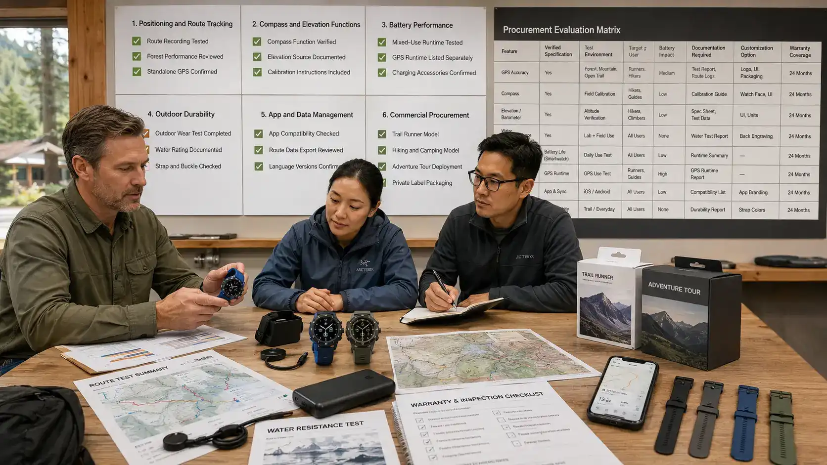 Outdoor-product team evaluating GPS smartwatch navigation and battery performance.