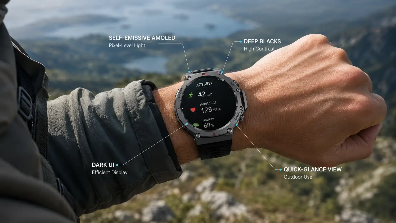 User viewing a high-contrast AMOLED smartwatch display outdoors.