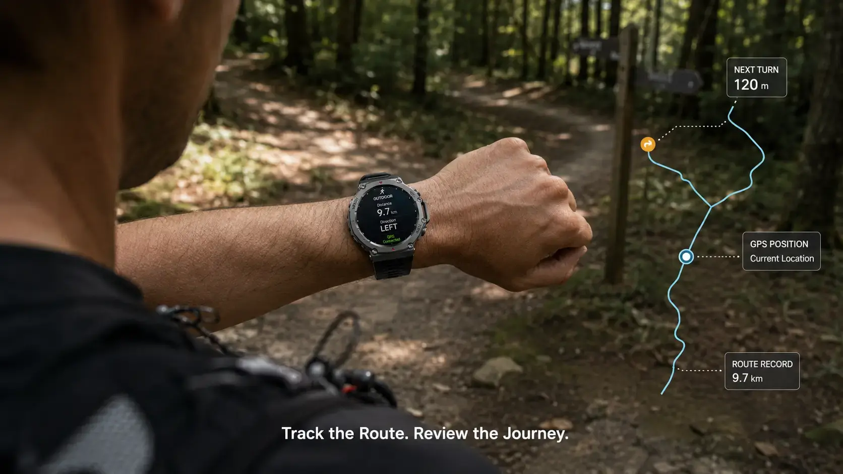 Hiker checking GPS route information on an AMOLED smartwatch.