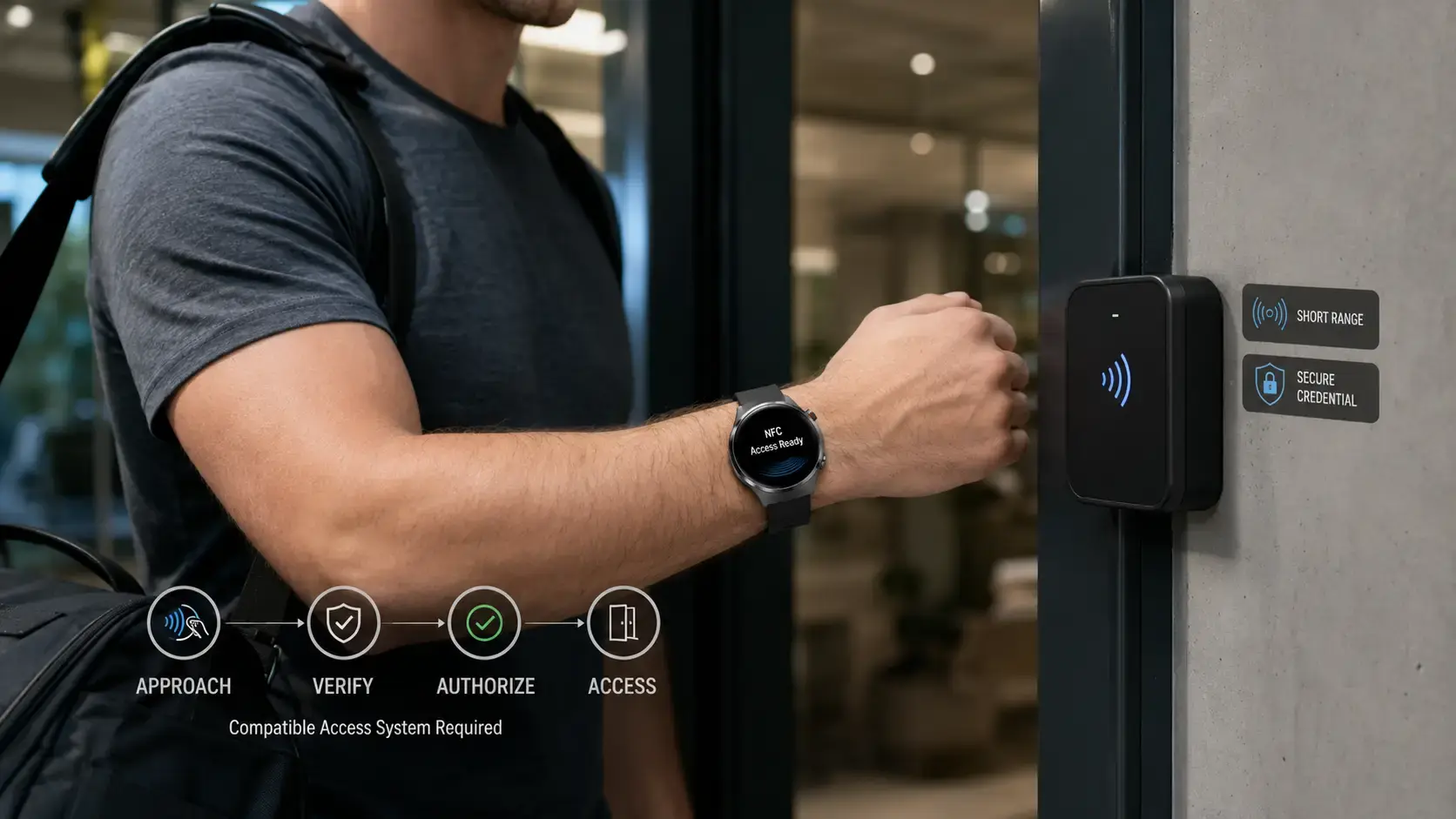 User accessing a compatible entry system with an NFC smartwatch. User accessing a compatible entry system with an NFC smartwatch.