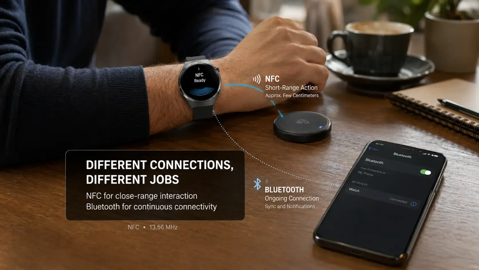 NFC and Bluetooth supporting different smartwatch connectivity functions.