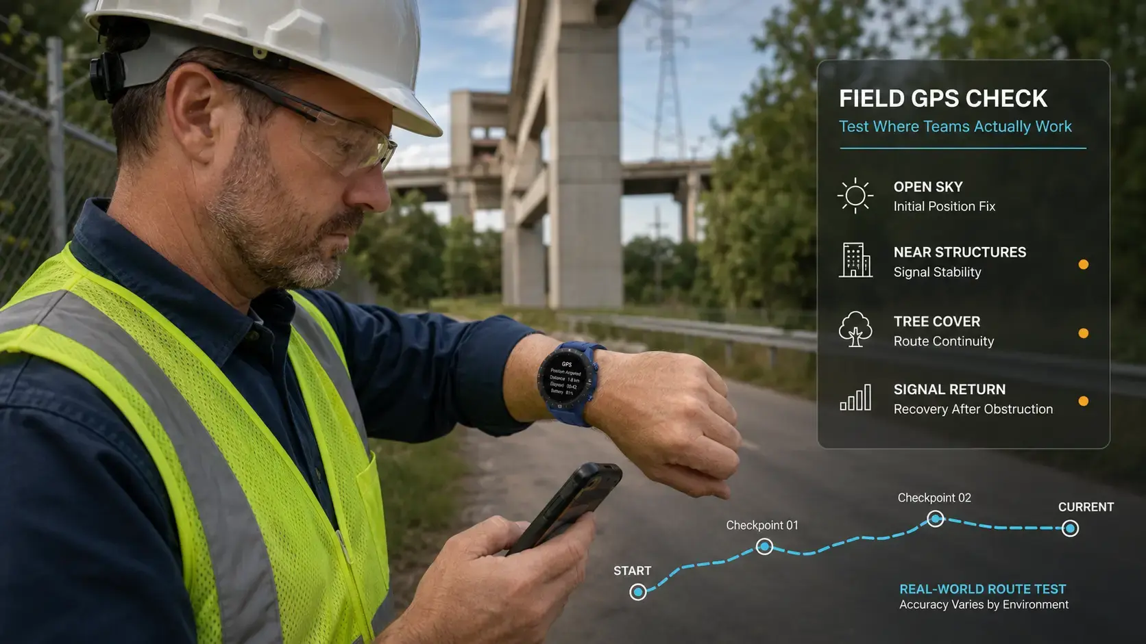 Field technician reviewing GPS smartwatch data after an outdoor work shift.