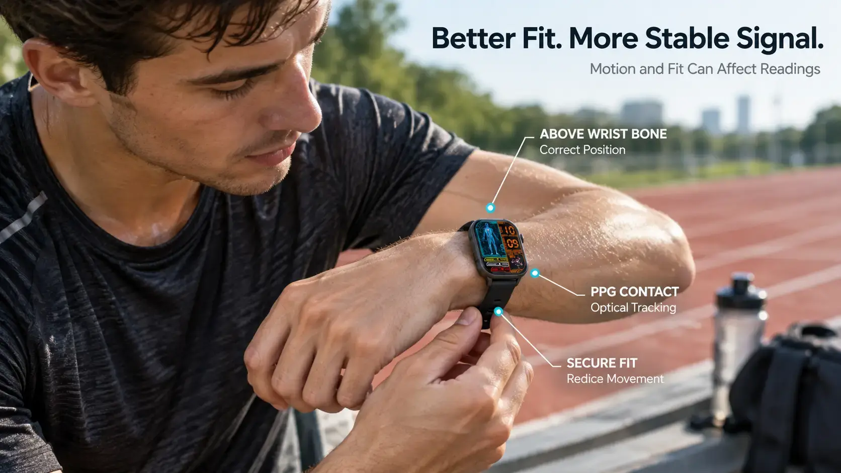 Runner adjusting smartwatch fit for stable optical heart rate tracking.