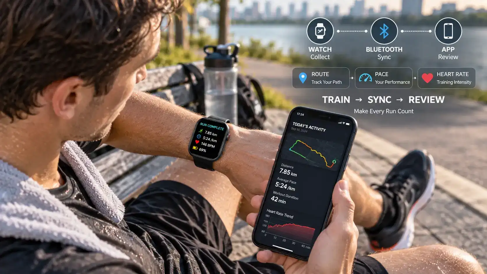 Athlete reviewing smartwatch heart rate trends after several training sessions.