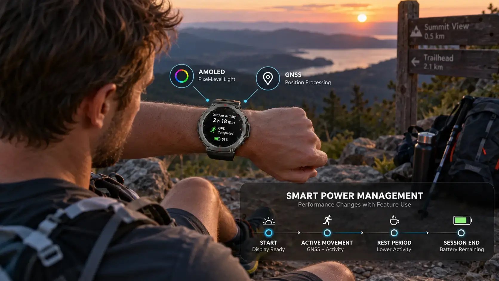 Outdoor athlete reviewing smartwatch battery status after GPS activity. Outdoor athlete reviewing smartwatch battery status after GPS activity.