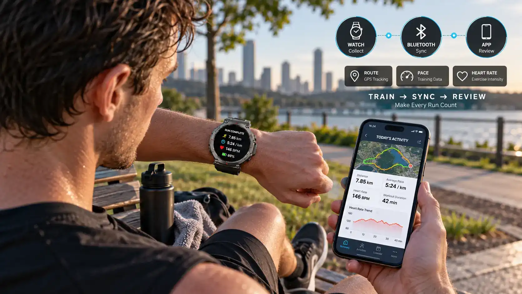 Runner reviewing GPS, pace and heart rate data synced from a smartwatch. Runner reviewing GPS, pace and heart rate data synced from a smartwatch.