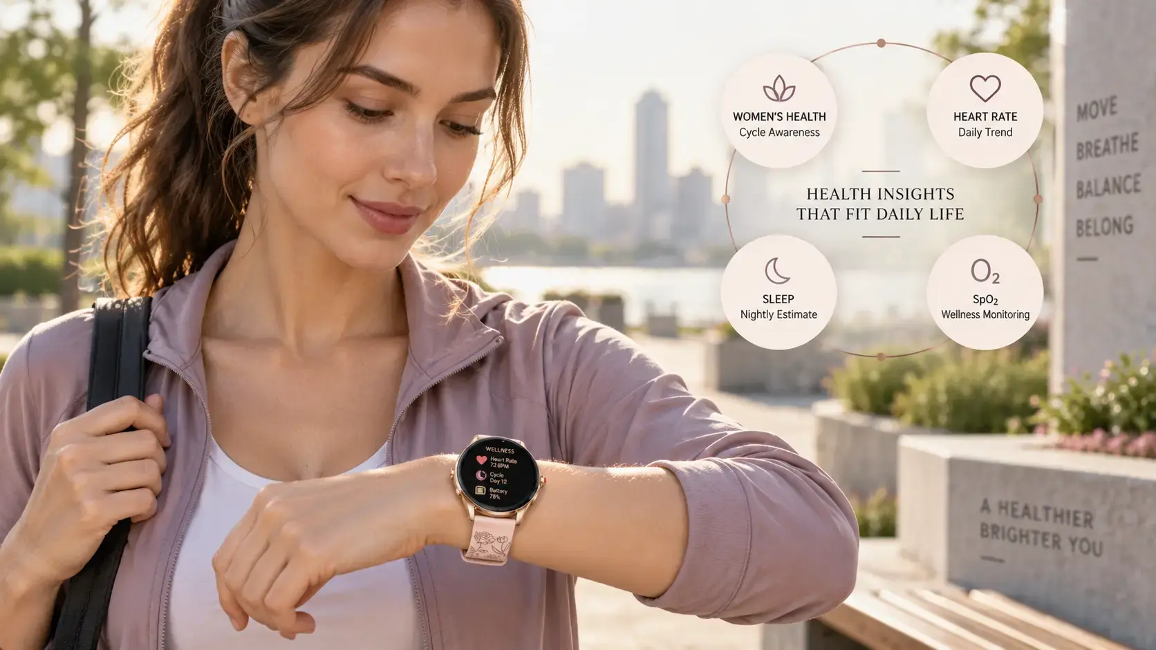 Woman reviewing cycle and wellness trends from a health smartwatch. Woman reviewing cycle and wellness trends from a health smartwatch.
