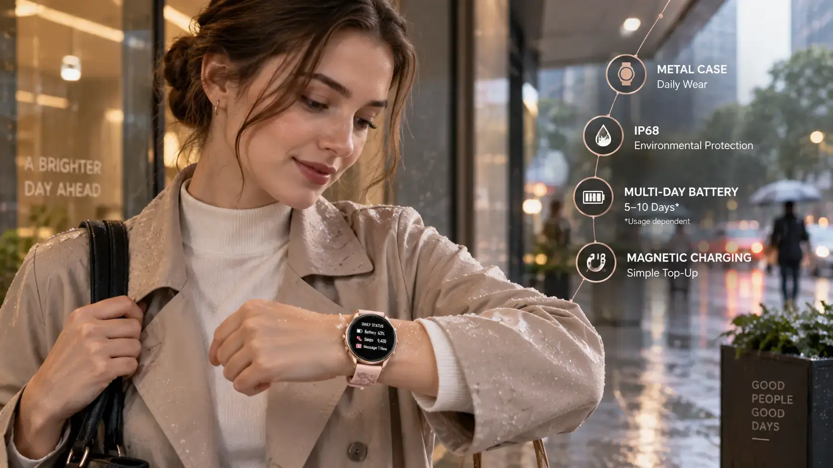 Professional woman wearing a metal health smartwatch during a rainy commute. Professional woman wearing a metal health smartwatch during a rainy commute.