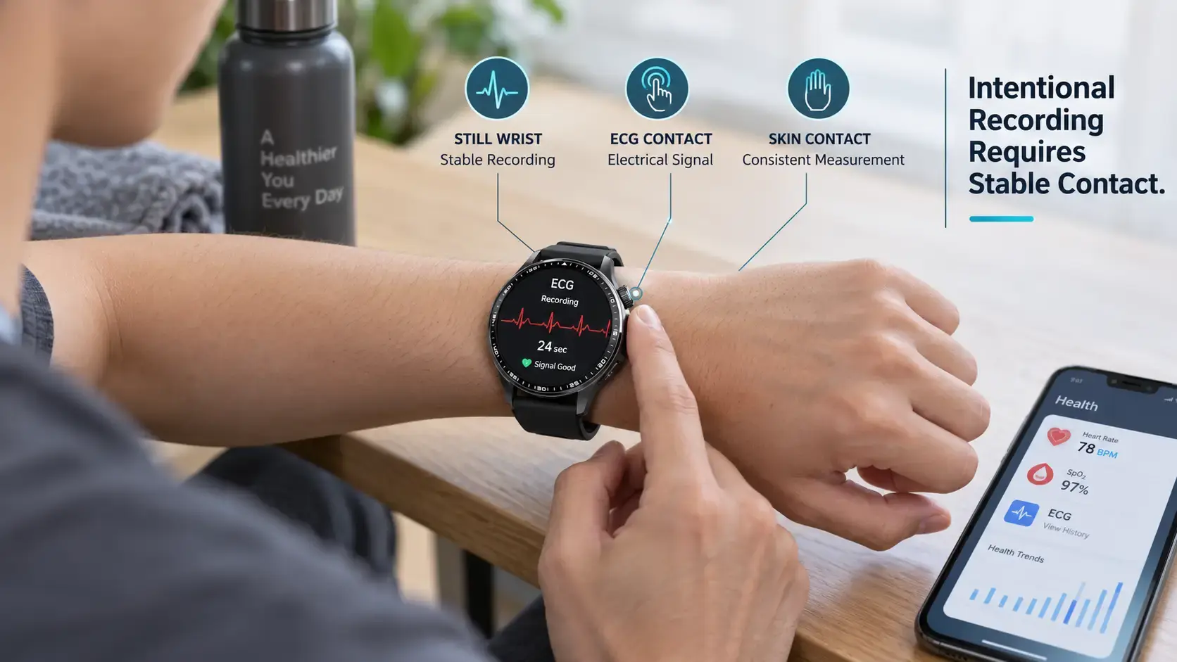 User recording ECG on a smartwatch while keeping the wrist still.