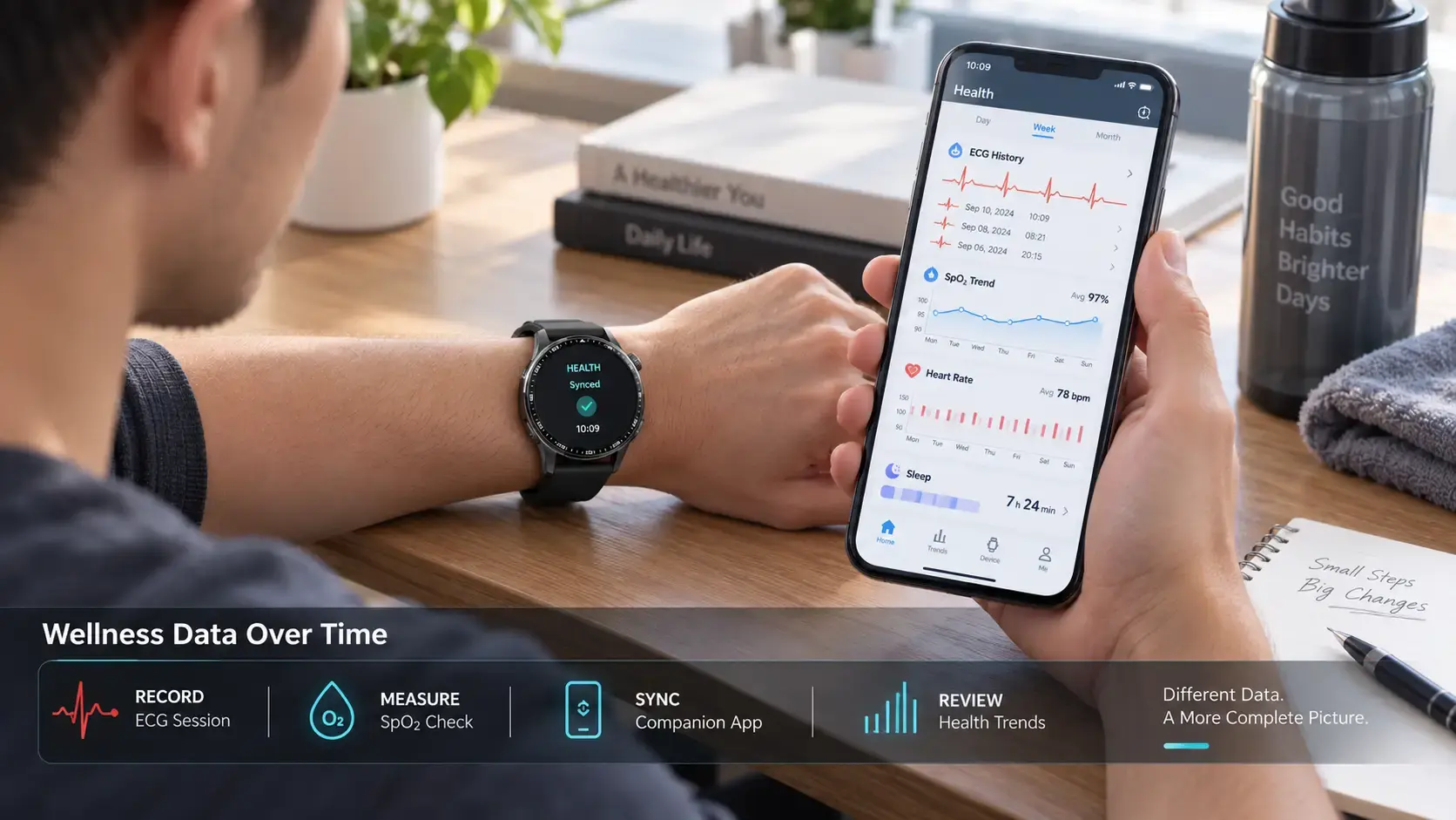User reviewing ECG and SpO₂ trends from a smartwatch app.
