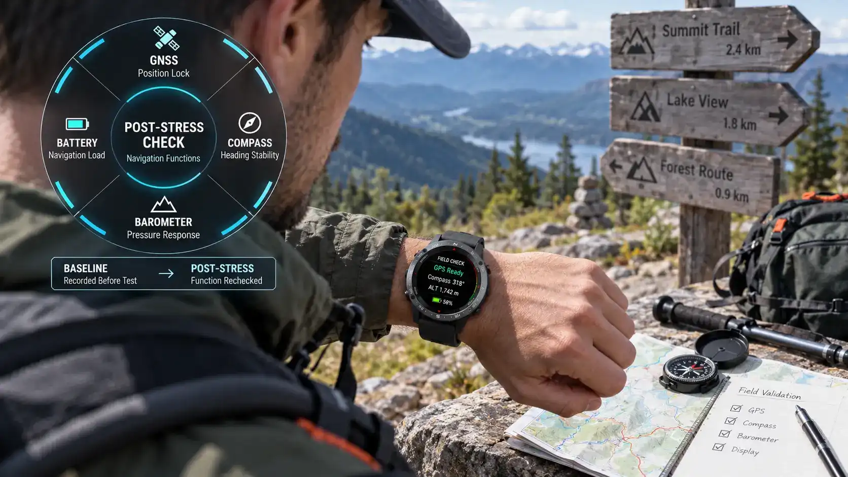 Engineer inspecting a rugged GPS smartwatch after environmental durability testing.