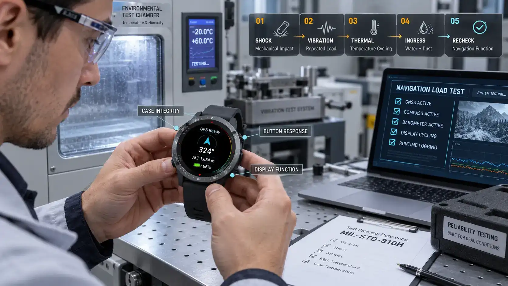 Field tester checking GPS, compass and barometer functions on a rugged smartwatch after durability testing.
