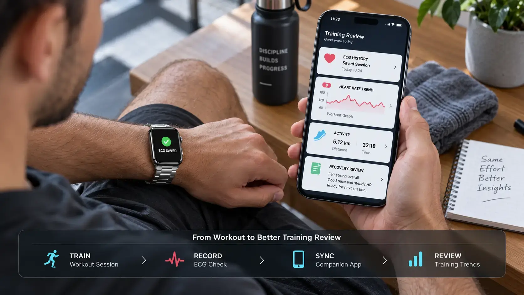 Athlete reviewing ECG and workout trends from a sport watch app. Athlete reviewing ECG and workout trends from a sport watch app.