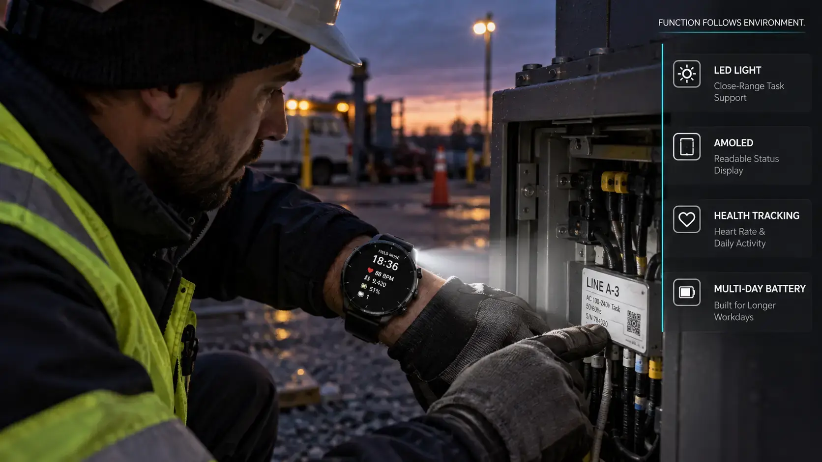 Field worker using a smartwatch LED light during a low-light equipment inspection.